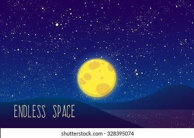 Night vector background. Landscape hills, river, moon and shining stars on endless sky. Beautiful backdrop for your creative ideas. EPS 10