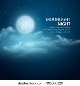 Night vector background, Moon, Clouds and shining Stars on dark blue sky. EPS 10