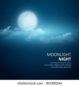 Night vector background, Moon, Clouds and shining Stars on dark blue sky. EPS 10