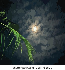 Night vector background with moon and cloudy sky, accompanied by palm leaves with cloudy sky illustration