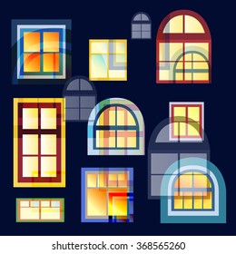 Night vector background with a variety of old glowing windows