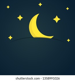 Night vector banner with moon, stars with copy space. Cute banner design concept on dark blue sky background. Ready template for kid card, print, wish good night and sweet dreams.