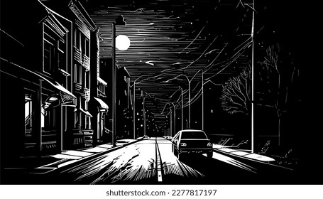 Night vector black line illustration isolated white. Sketch art