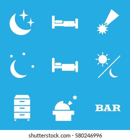 night vector icons. Set of 9 night filled icons such as bed, Bar, nightstand, moon and stars, sun and moon, observatory
