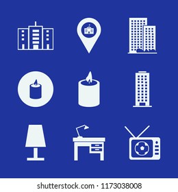 night vector icons set. with lamp on desk, table lamp, football tv match and office building in set