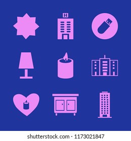 night vector icons set. with nightstand, table lamp, office building and islamic star in set