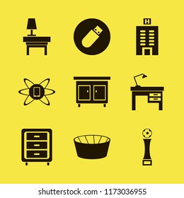 night vector icons set. with nightstand, phone technology, hotel building and football cup in set