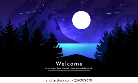 Night vector illustration. Dark background with stars, comets and full moon. Mountain on backdrop with river, sea or ocean. Flat cartoon style with silhouettes of forest.  