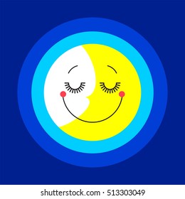 Night vector illustration. Night design concept. Moon flat icon, moon shape, logo, symbol, emblem isolated on blue background. Graphic element, label. Sleep symbol, sign. Bed time, dreaming.