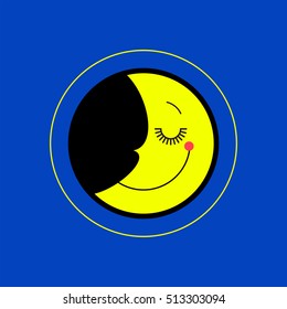Night vector illustration. Night design concept. Moon flat icon, moon logo, shape, symbol, emblem isolated on blue background. Graphic element, label. Sleep symbol, sign. Bed time, dreaming.