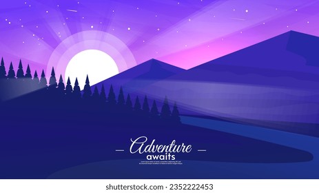 Nachtvektorgrafik, flacher Stil. Straße mit Wald und Bergen. Design für Einladung, Tapete, Banner, Postkarte.