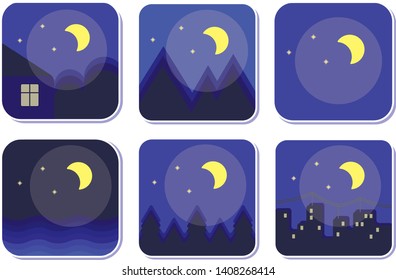 Night vector illustrations. Black and blue icons, silhouettes of city, forest, sea, village, mountains, sky, moon, moonlight, stars on white background.