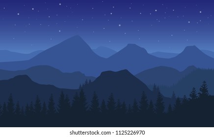 Night vector landscape with blue misty forested mountains and stars on dark sky.