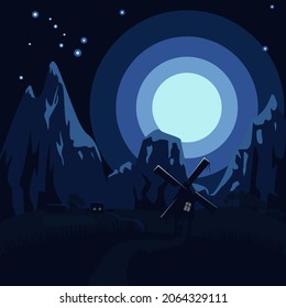 Night Vector Landscape Of A Farm, A Mill On A Hill In A Mountainous Area