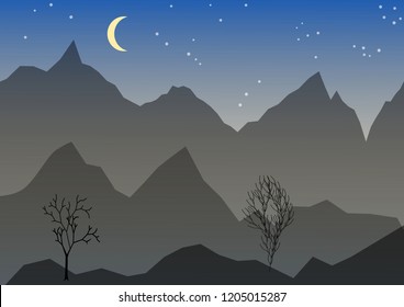 Night vector landscape with mountain, mond, stars and trees. High mountain peaks on a night sky background