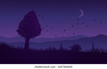 Night vector landscape. Silhouette of tree among flowering meadow and mountains. Violet pink sky with moon and stars.