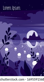 Night vector nature landscape in purple, blue and white colors. Beautiful luminous balls floating on the river. Summer fairy tale view.  Can be used for banner, gift card, flyer, poster, book cover.