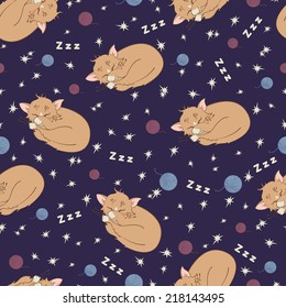 Night vector pajama seamless pattern with sleeping kitten