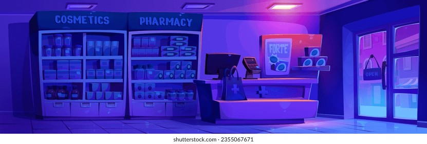 Interior de la farmacia vectorial nocturno con ilustración de contador. Punto de venta con estanterías para medicamentos, antibióticos y tratamiento de píldoras. diseño de servicios de salud con ventana y puerta cerca de lámpara