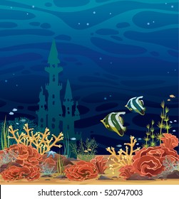 Night vector seascape. Beautiful colored coral reef with fishes and underwater castle on a dark sea background. Underwater marine life.  