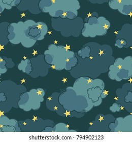 Night vector sky, evening stars and clouds - seamless vector pattern design