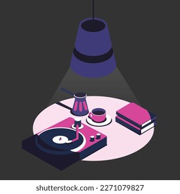 Night vector still life of coffee, books and vynil recorder under the lamplight