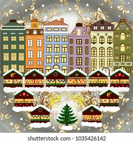 Night vector Winter, Christmas urban landscape. Vector illustration.