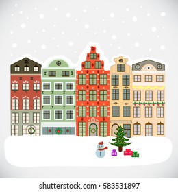 Night vector Winter, Christmas urban landscape.