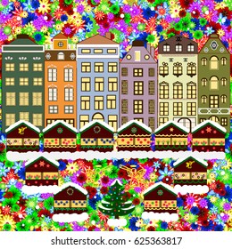 Night vector Winter, Christmas urban landscape. Vector illustration.