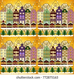 Night vector Winter, Christmas urban landscape. Vector illustration.