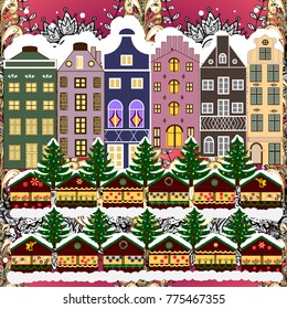 Night vector Winter, Christmas urban landscape. Vector illustration.