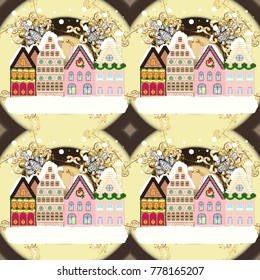 Night vector Winter, Christmas urban landscape. Vector illustration.