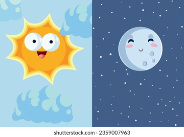 
Night versus Day Vector Cartoon Design Illustration. Nighttime versus daytime graphics with moon and son characters 
