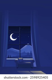 Night vertical illustration interior scene with night scene outside window