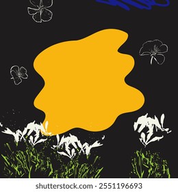 At night vibrant floral hand drawn illustration with empty space for text. Flowers with abstract texture, paint splashing droplets. Template for your designs. Vector illustration in flat cartoon style