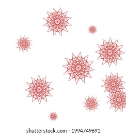 Night Vibrant Red Winter Mandala Illustration. Bright White Chaotic Print Composition. Holiday Vivid Ornamental New Year Sharp Sky Background. Snowflakes Stars Color Christmas Santa Snow Ornament.