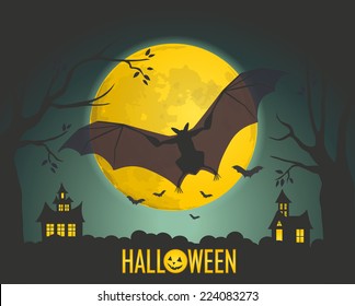 Night view in the background with a large moon, scary bat, trees and small castles.