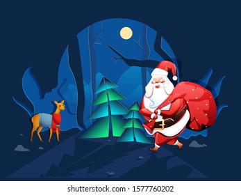 Nachtblick Hintergrund mit Weihnachtsbäumen, Rentier und Weihnachtsmann Roter Sack für Weihnachten- und Neujahrsfeiern.