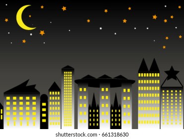 Night view of the beautiful buildings with night sky and stars in halloween day.