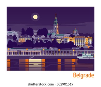 Night view of Belgrade flat vector illustration 