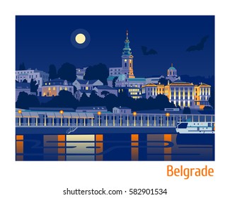 Night view of Belgrade flat vector illustration 