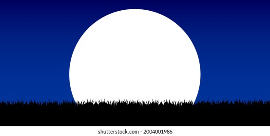 Night view with big bright moon and grass silhouette. Halloween template background. Vector editable
