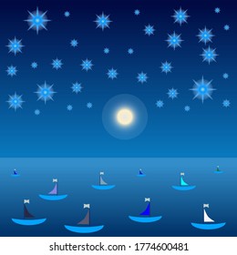 Night view of boats with sky and moon.