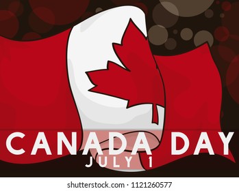Night view with bokeh in the background and a waving Canadian flag to celebrate Canada Day.