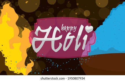 Night  view with a bonfire, blue powder -gulal or abir- on bowl and greeting sign commemorating Holika Dahan and Holi Festival the next day.