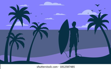 Night view of the California beach landscape. Silhouette of a surfer standing under palm trees.