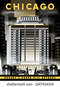 Night View Of Chicago, USA. Handmade Drawing Vector Illustration. Art Deco Style.