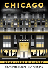 Night view of Chicago, USA. Handmade drawing vector illustration. Art Deco style.