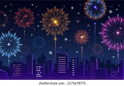 the night view of the city is full of colorful fireworks for the end of the year and the beginning of the year