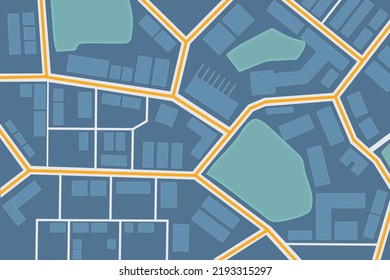 Mapa de la ciudad con vistas nocturnas con símbolos de parque, edificio y calle